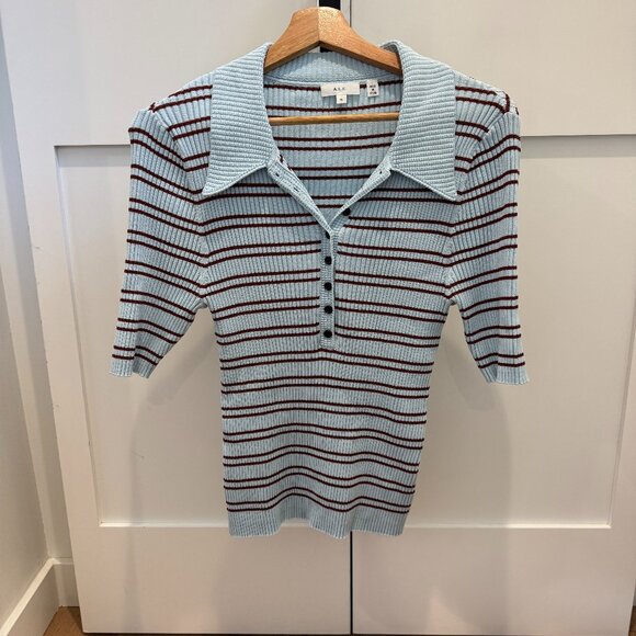 A.L.C. Sydney Polo Top Ice Water/Sequoia Striped Knit – Size XL - Picture 3 of 11
